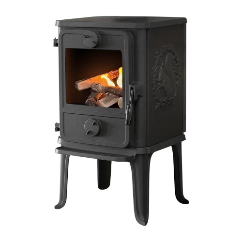 Morsø 1010 portable cast iron bioethanol stove in a modern living room setting, showcasing a smoke-free flame and Danish design.